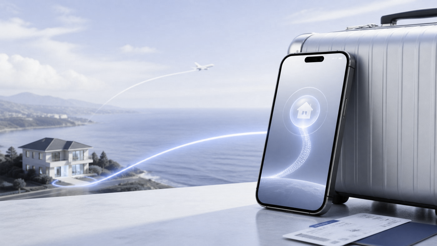 A traveler connects from a phone beside luggage to an independent home residential IP node