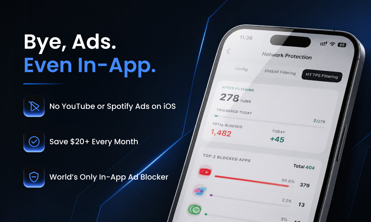 Bye, Ads. Even In-App. Block YouTube and Spotify ads on iOS, save on subscriptions, and filter ads inside apps.