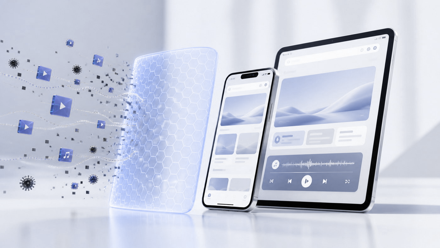 A network-level filter blocks video, audio, and tracking traffic before it reaches a phone and tablet